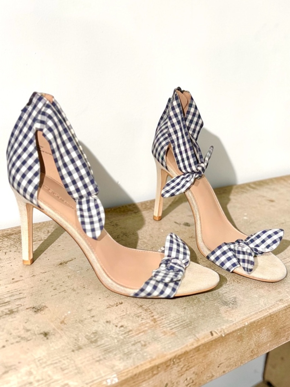 BCBGeneration Navy and White Gingham Bow Ankle-Tie Heels Size 11
